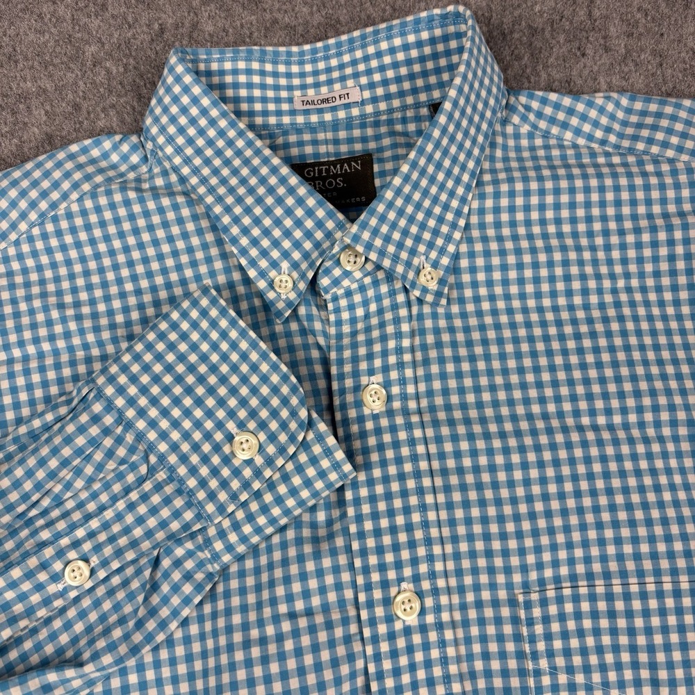Vintage Gitman Bros Shirt Mens L Blue Gingham Check‎ Tailored Fit Button Down